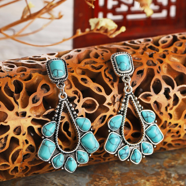 Vintage Earrings Boho Turquoise Ethnic Jewelry Western Cowgirl Engraving Earring