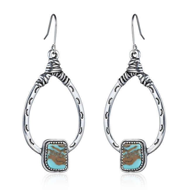 Vintage Earrings Boho Turquoise Ethnic Jewelry Western Cowgirl Engraving Hoop Earring