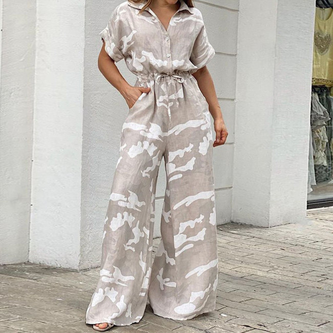 Lapel Print Button Drawstring Jumpsuit