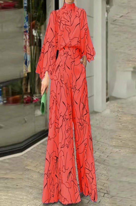 Print Long Sleeve Elegant O Neck Shirt Jumpsuit