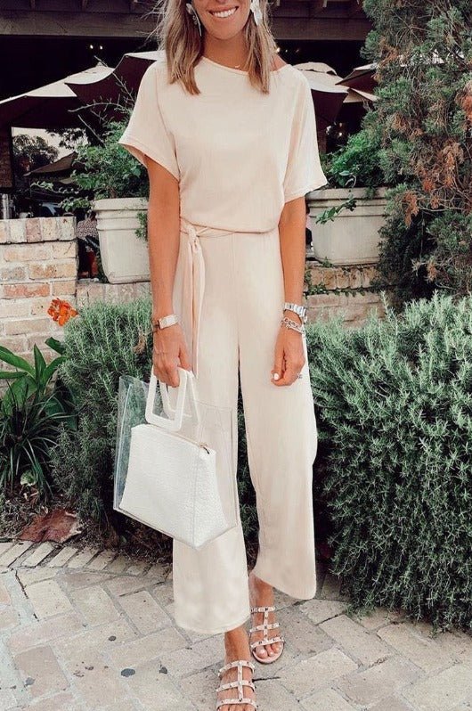 Solid O Neck Short Sleeve Overalls Jumpsuit