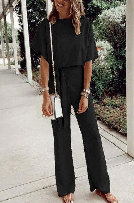 Solid O Neck Short Sleeve Overalls Jumpsuit