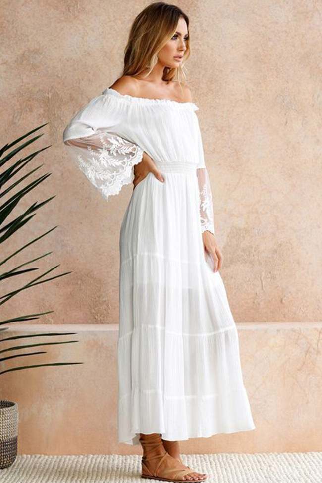 White Off Shoulder Lace Puff Sleeve Dress Boho Dress Wedding Party Dress