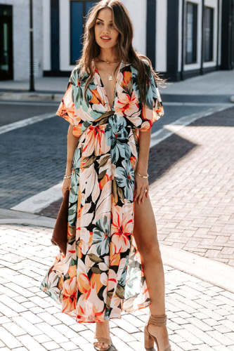 Floral Print V-Neck Maxi Dress Boho Beach Dresses