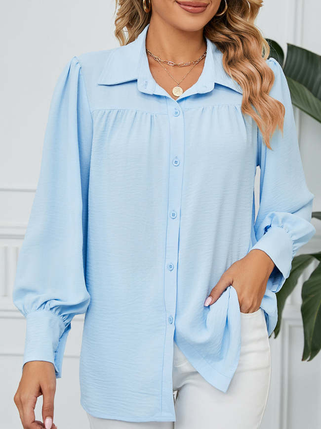 Chiffon Solid Long Sleeves Shirt Collar Buttoned Loose Blouse
