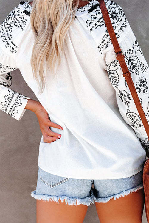 Women's Boho Embroidery Long Sleeve Top