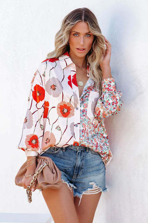 Sexy Floral Print V-Neck Loose Button Down Blouse Top Holiday Boho Shirt