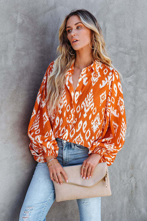 Boho Style Floral Print Button Up Smocked Long Sleeve Top