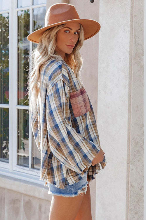 Plaid V-Neck Long Sleeve Top Loose Cowboy Blouse for Women