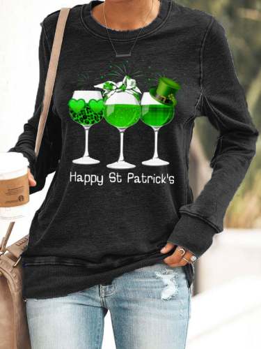 Women's Three Wine Glass St Patrick's Day Shamrock Print Casual Sweatshirt