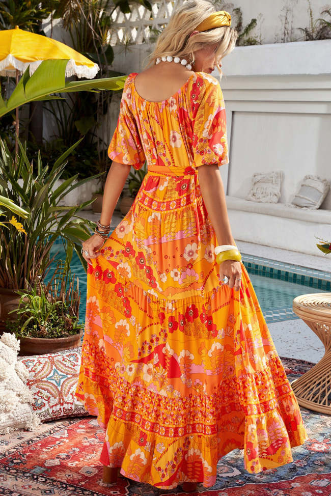 Short Sleeve Boho Tie-Waist Tiered Maxi Dress