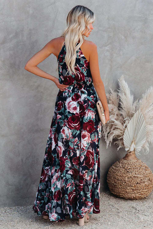 Long Boho Dress Floral Print Halter-Neck Maxi Dress