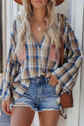 Plaid V-Neck Long Sleeve Top Loose Cowboy Blouse for Women