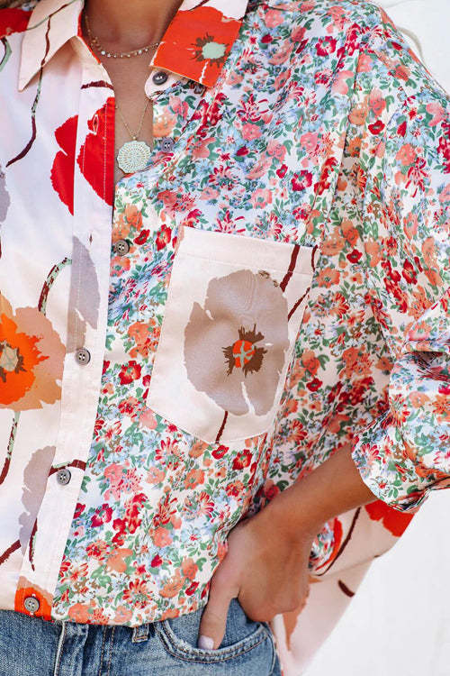 Sexy Floral Print V-Neck Loose Button Down Blouse Top Holiday Boho Shirt