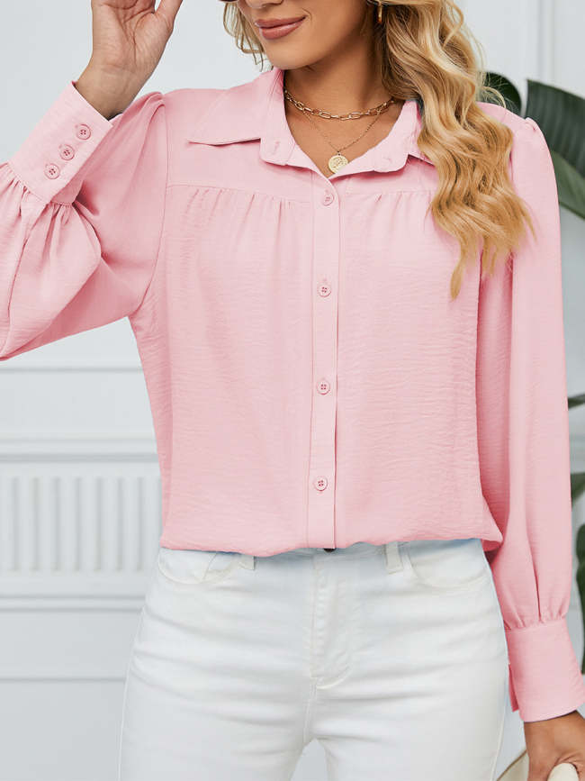 Chiffon Solid Long Sleeves Shirt Collar Buttoned Loose Blouse