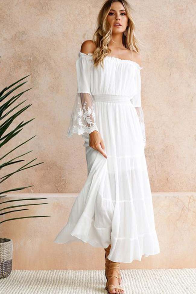 White Off Shoulder Lace Puff Sleeve Dress Boho Dress Wedding Party Dress