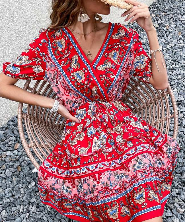 Women's Boho Dress Summer Floral Print Dress V-Neck Holiday Dress