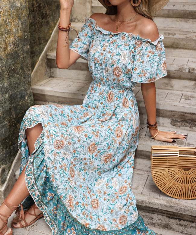 Women's Boho Dress Summer Floral Print Dress off Shoulder Beach Dress