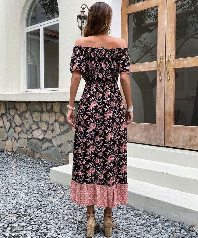 Women's Boho Dress Summer Floral Print Dress off Shoulder Holiday Dress