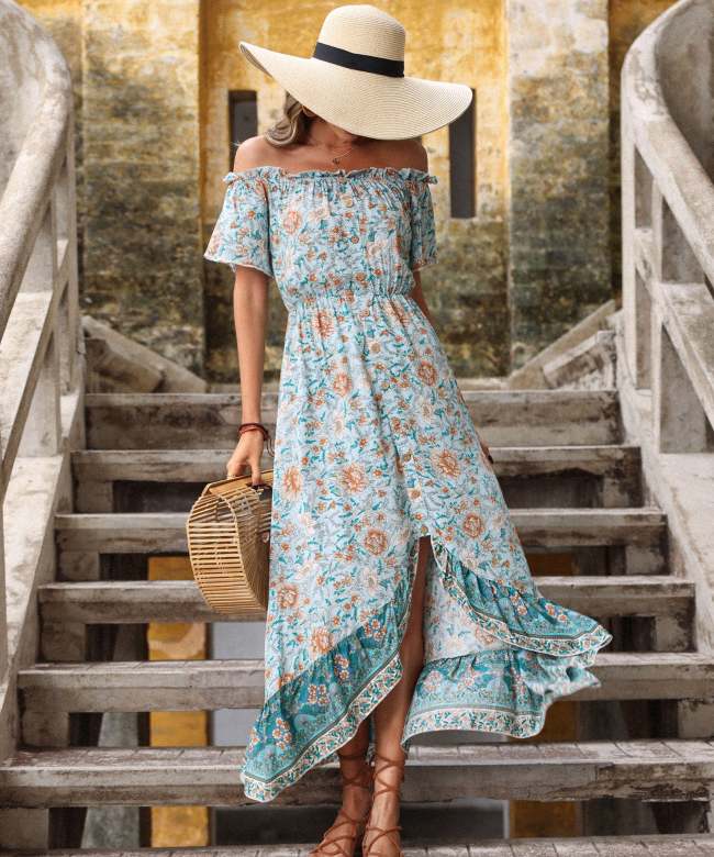 Women's Boho Dress Summer Floral Print Dress off Shoulder Beach Dress