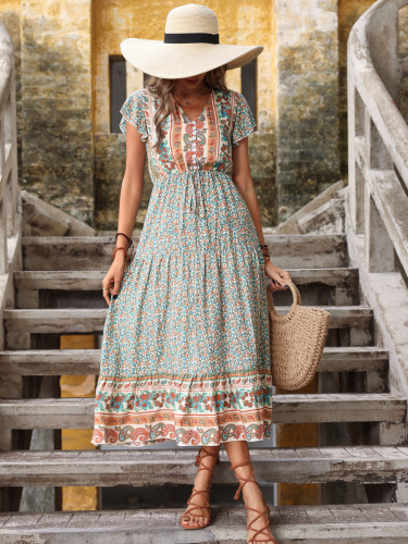 Women's Boho Dress Summer Floral Print Dress Bohemian Maxi Dress