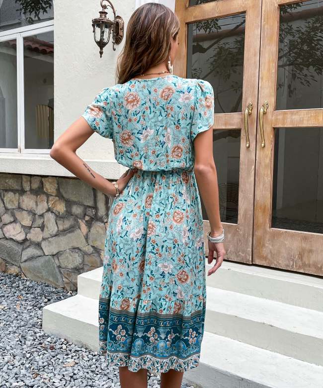 Women's Boho Dress Summer V-Neck Floral Print Dress
