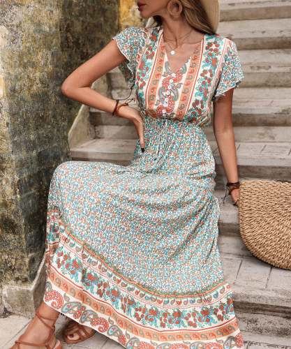 Women's Boho Dress Summer Floral Print Dress Bohemian Maxi Dress