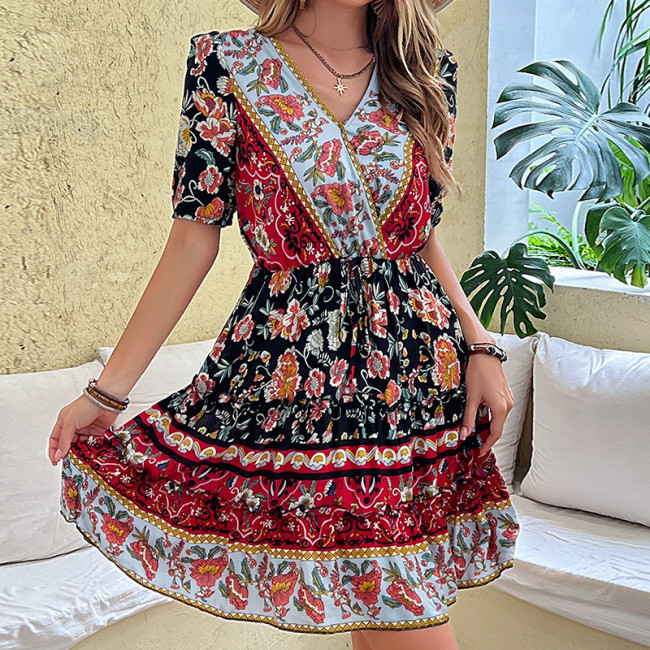 Women's Boho Dress Summer Floral Print Dress V-Neck Holiday Dress