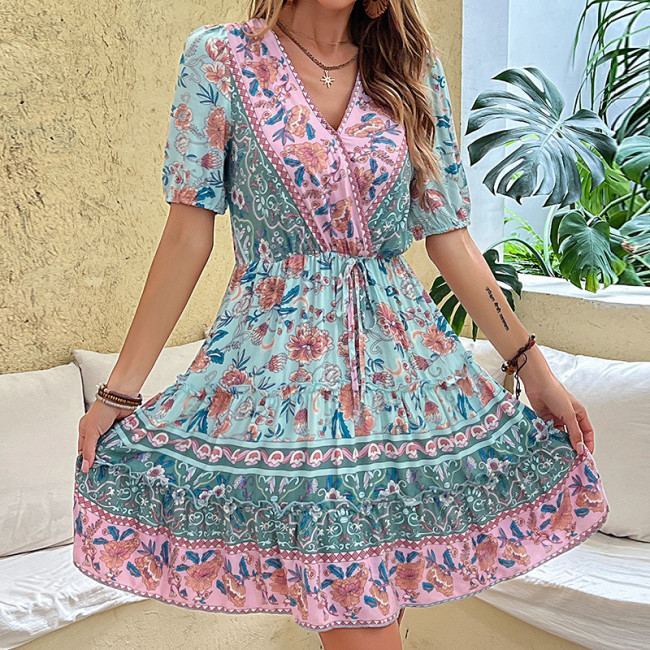 Women's Boho Dress Summer Floral Print Dress V-Neck Holiday Dress