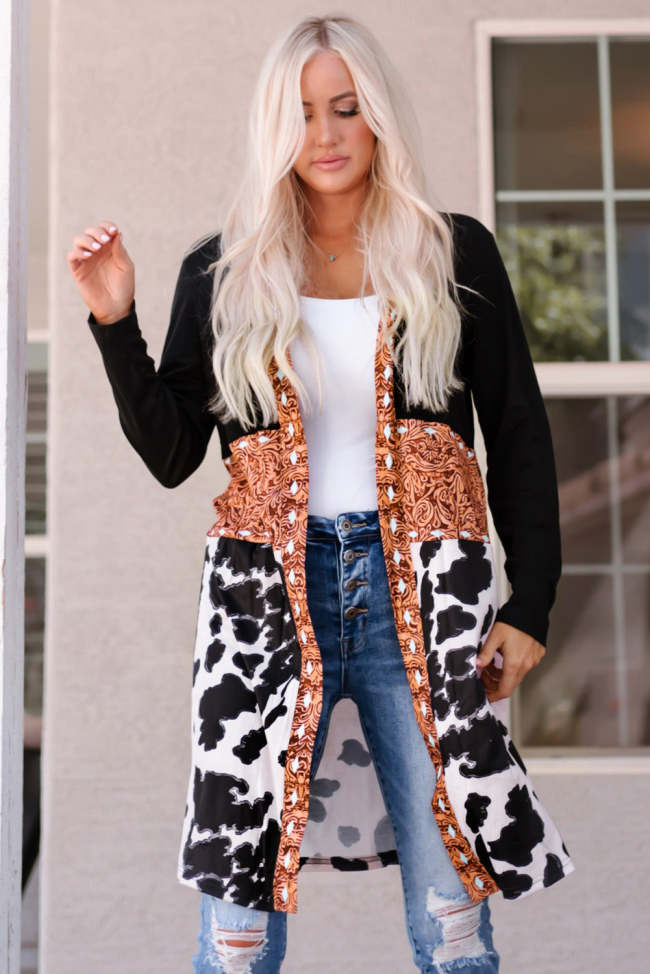 Western Style Printed Color Block Open Front Cardigan