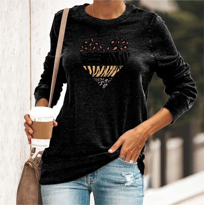 Loose Leopard Print Love Print Round Neck Long Sleeve T-Shirt for Women Love is Wild Letter Top