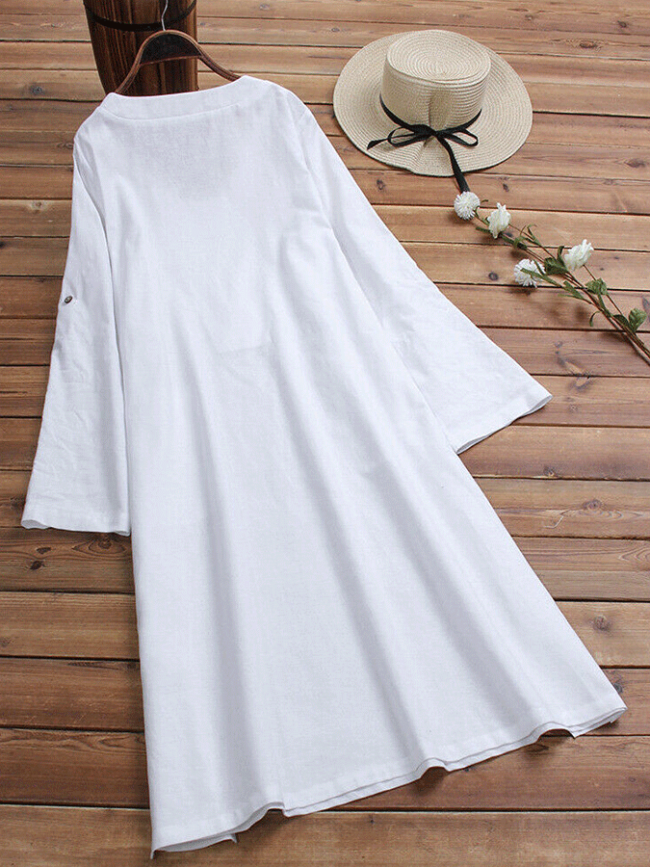 Casual V-Neck Cotton And Linen Daily Dress