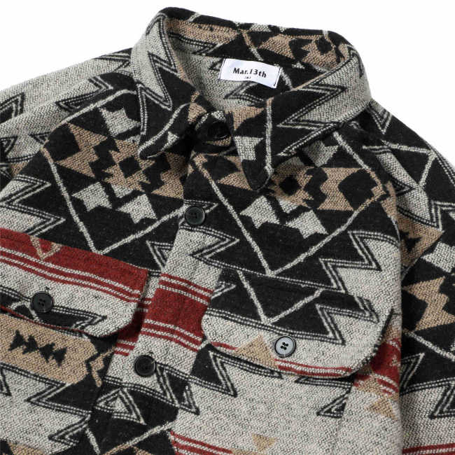Men's Grey Aztec Geometric Jacket West Cowboy Style Western Woolen Shirt Jacket Coat