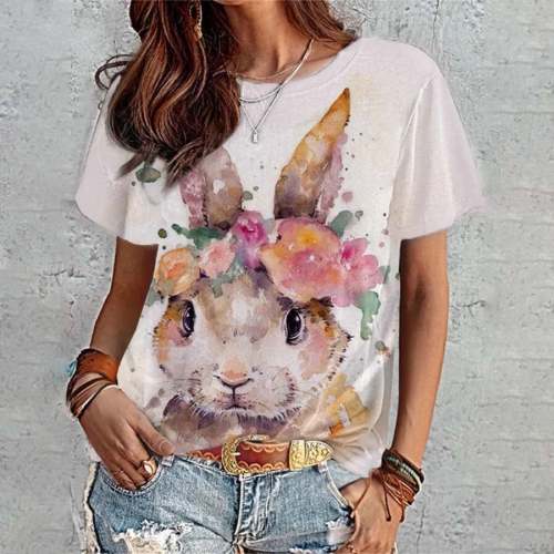 Bunny Floral Print Happy Easter Short Sleeve Casual Top