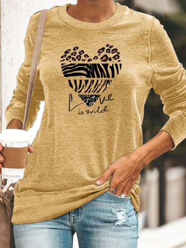 Loose Leopard Print Love Print Round Neck Long Sleeve T-Shirt for Women Love is Wild Letter Top