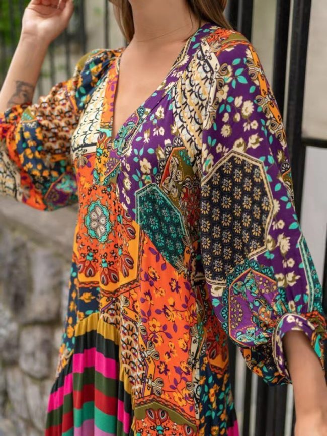 US$ 43.89 - Women's Bohomian Dress Big Swing V-Neck Ethnic Style Floral ...