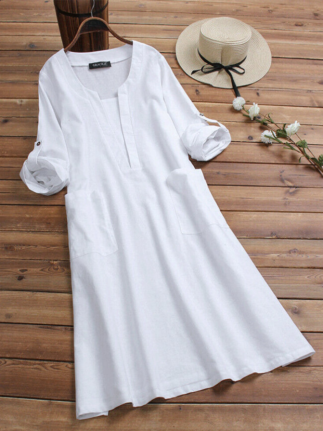 Casual V-Neck Cotton And Linen Daily Dress