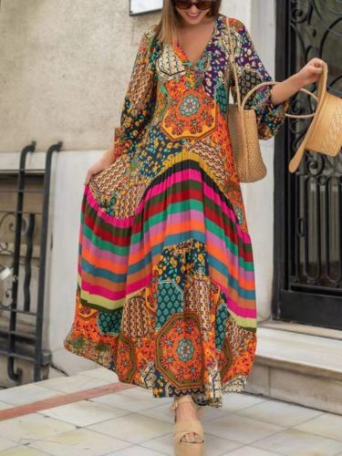 Women's Bohomian Dress Big Swing V-Neck Ethnic Style Floral Print Long Maxi Dress