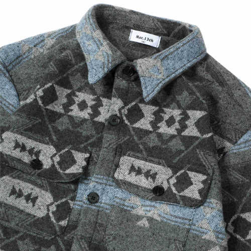 Men's Dark Blue Aztec Geometric Jacket West Cowboy Style Western Woolen Shirt Jacket Coat