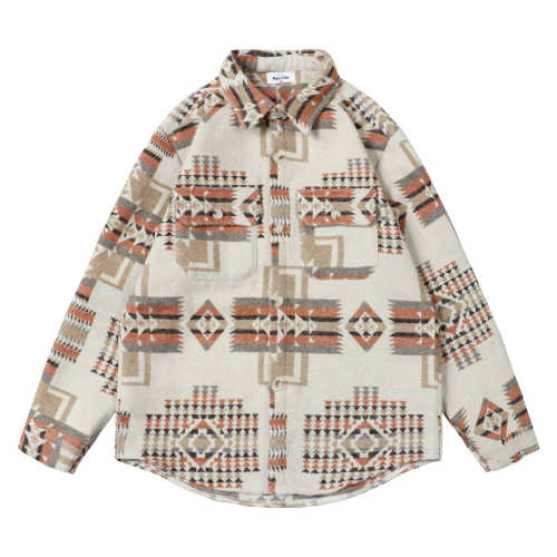 Men's Khaki Aztec Geometric Jacket West Cowboy Style Western Woolen Shirt Jacket Coat