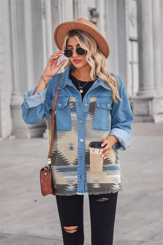 Women's Shacket Jacket Aztec Western Style Vintage Print Jeans Coat