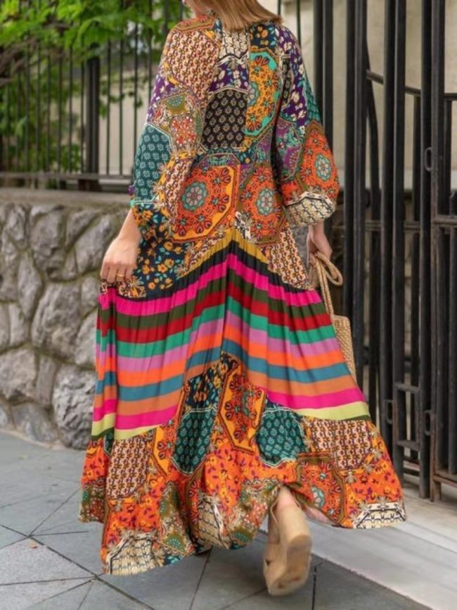 Women's Bohomian Dress Big Swing V-Neck Ethnic Style Floral Print Long Maxi Dress