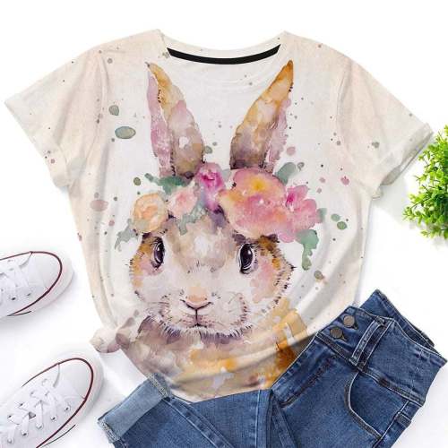 Bunny Floral Print Happy Easter Short Sleeve Casual Top