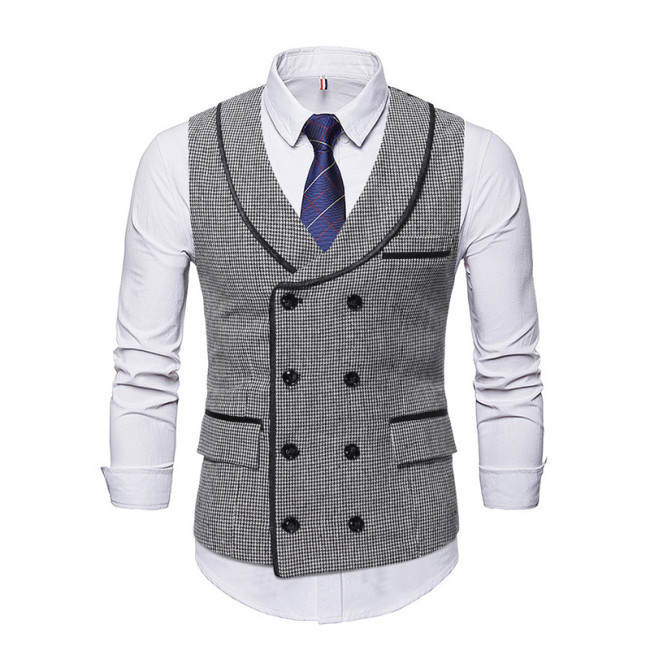 Houndstooth V-Collar Trimmed Double Breasted Men's Casual British Style Vest