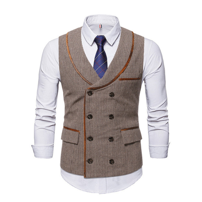Houndstooth V-Collar Trimmed Double Breasted Men's Casual British Style Vest