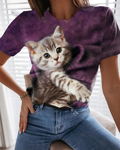 Women's Cute Cat Full Printed T-Shirts Crew Neck Short Sleeve Top Lover Cat Moms Tee
