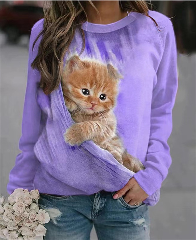 Women's 3D Cute Cat Full Printed T-Shirts Crew Neck Long Sleeve Top