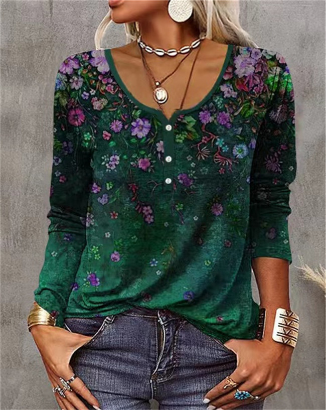 US$ 19.98 - Women's Floral Printed U Collar Long Sleeve Retro Vintage T ...