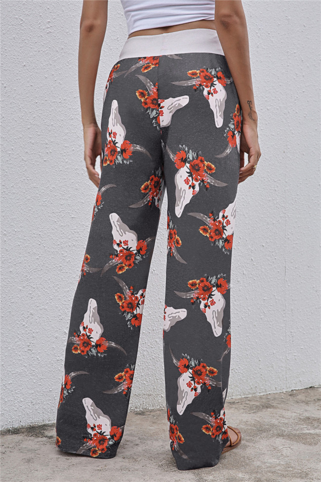 Women's Pant Casual High Waist Loose Pants Cow Skull Floral Print Wide Leg Pants Yoga Pant