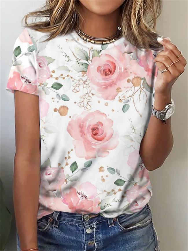 Women's Spring Floral Printed T-Shirts Crew Neck Short Sleeve Tee